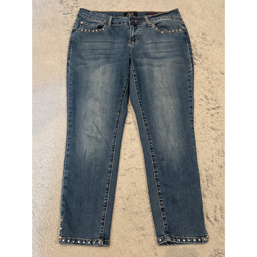 Earl Jean Womens 10P Skinny Ankle Jeans Medium Wash Rhinestone Studded Petite